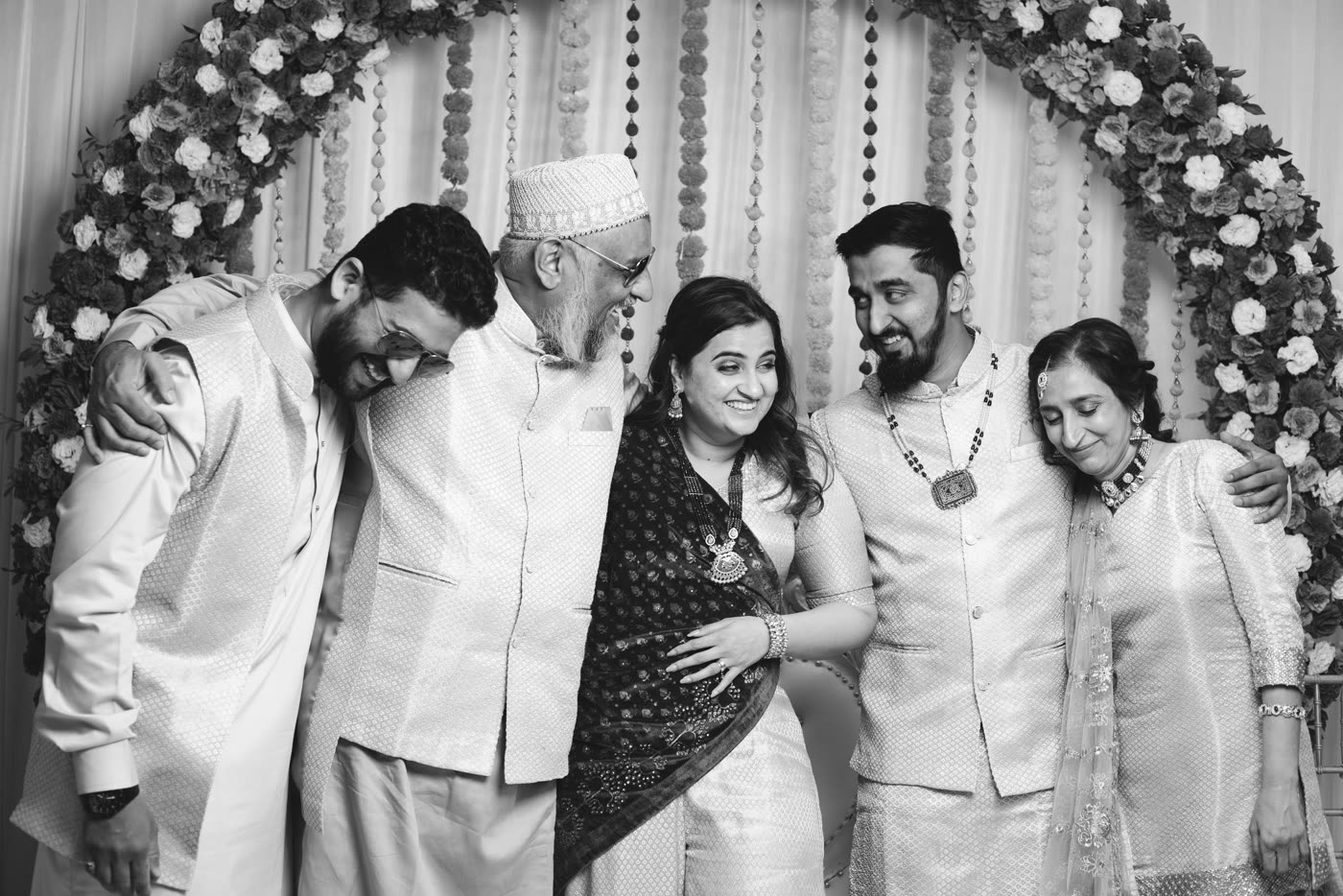 The family gathered, in black and white